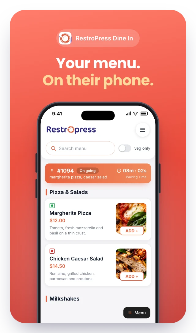 RestroPress Dine In screenshot: “Your menu. On their phone.” over the guest menu with order progress and Call Waiter