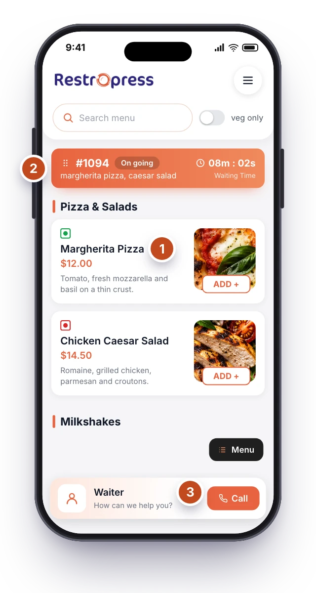 Guest menu. 1 marks the menu items, 2 the order progress near the top, 3 Call Waiter at the bottom