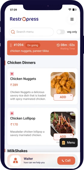 Official RestroPress Dine In screen showing a food menu, an ongoing table order and a Call Waiter button.